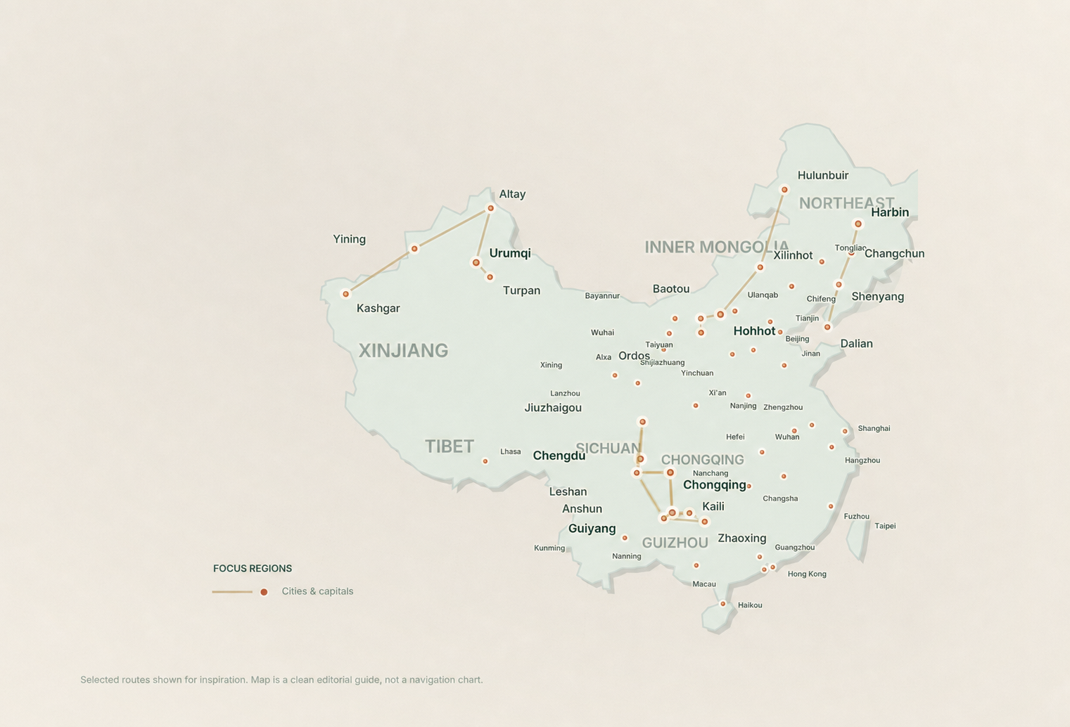 Editorial map of popular Panda Trip destinations across China
