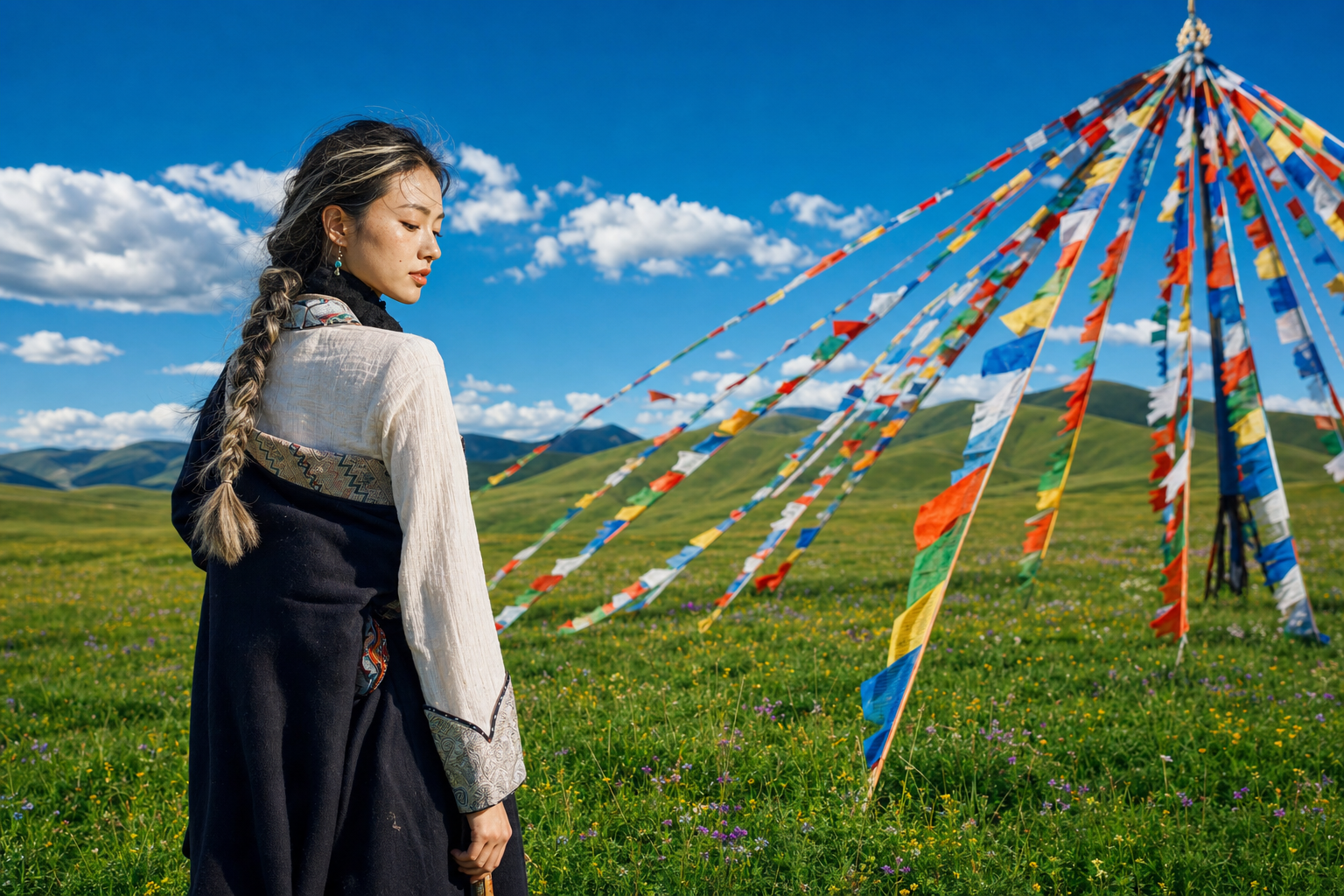 Traveler in Tibetan clothing standing on a grassland under prayer flags