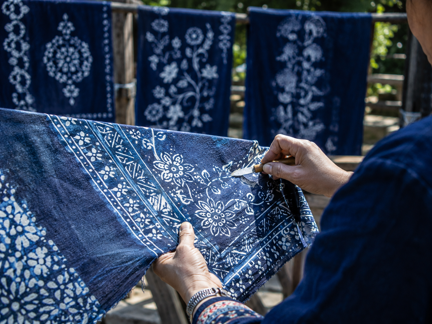 Miao batik cloth with indigo blue patterns
