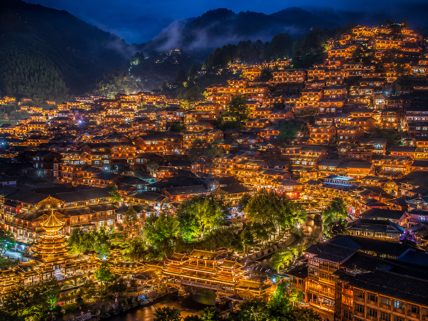 Xijiang Qianhu Miao Village lanterns at night