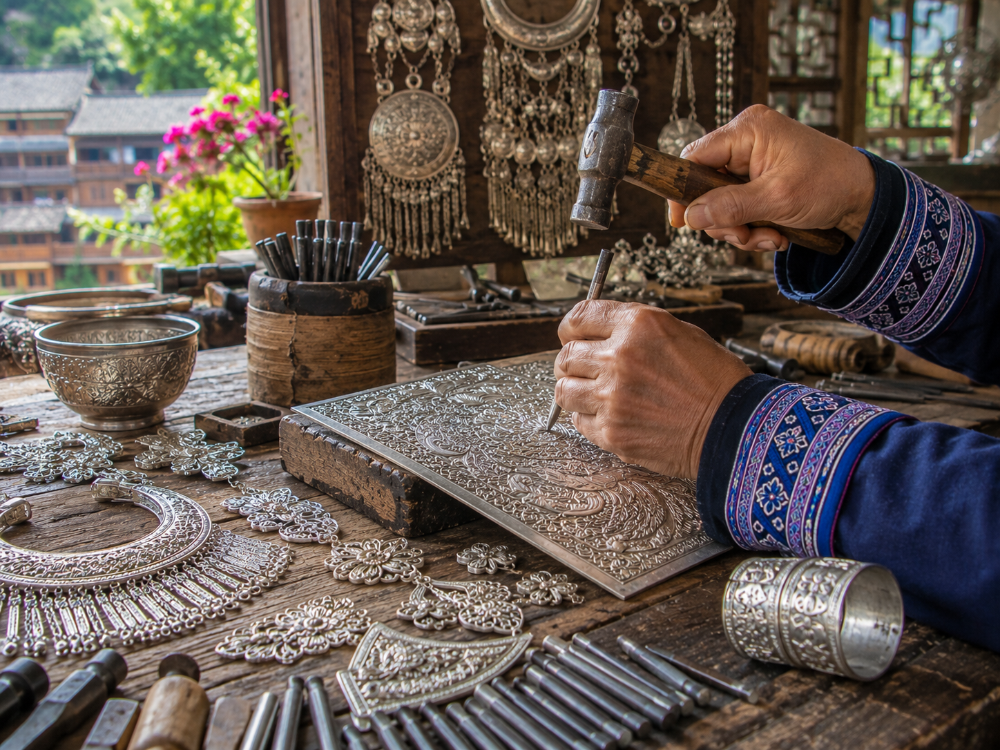 Miao silversmith hammering silver craft by hand