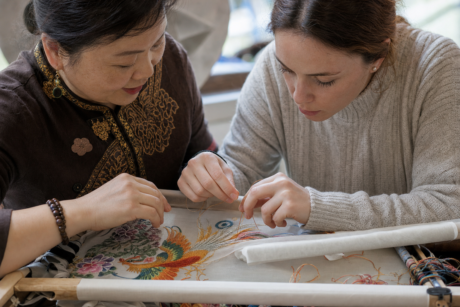 Shu embroidery workshop with artisan hands and silk thread