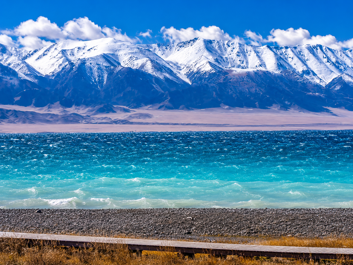 Sayram Lake with blue alpine water and Xinjiang mountain scenery