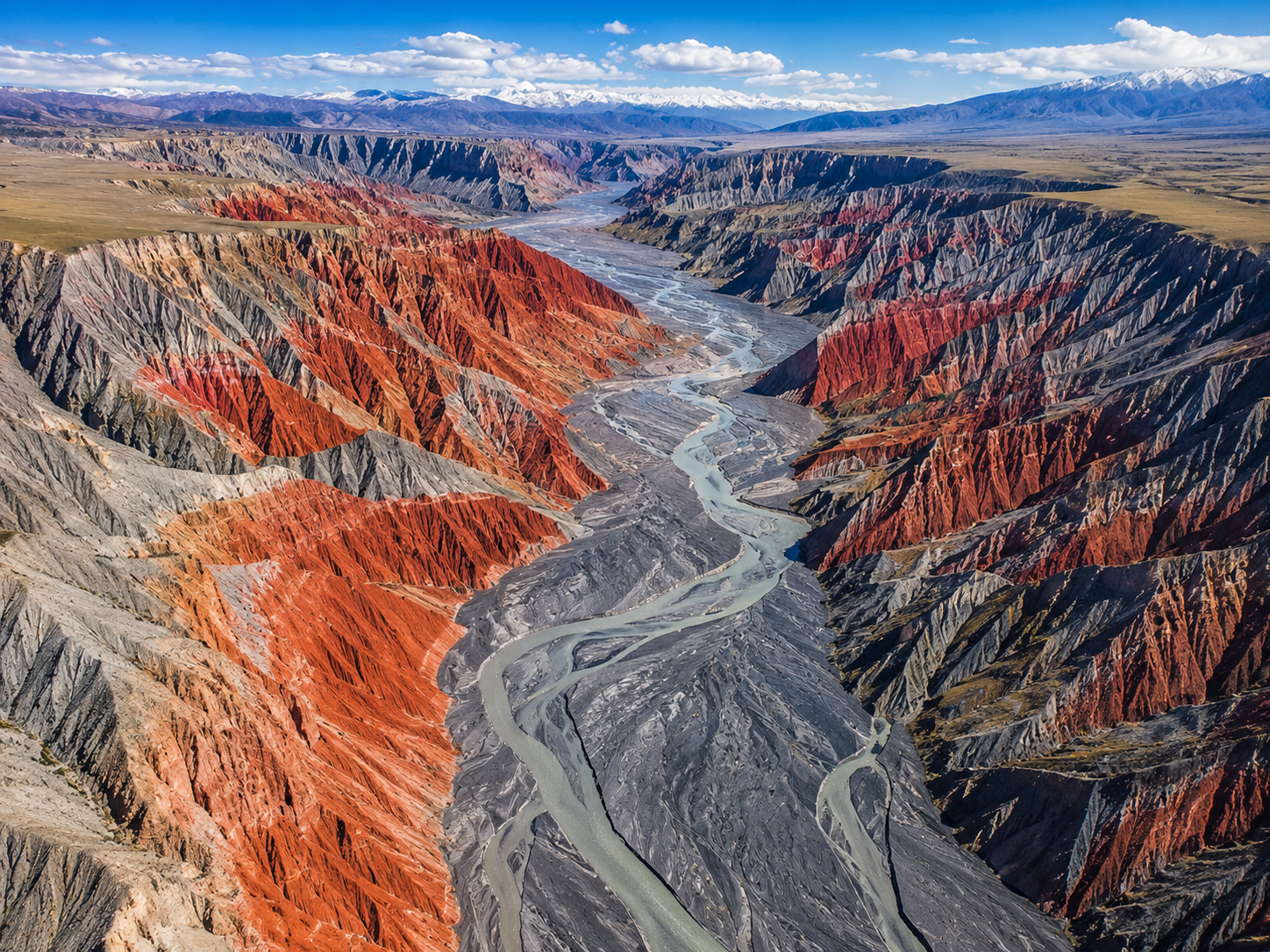 Anjihai Grand Canyon with layered red and ochre cliffs