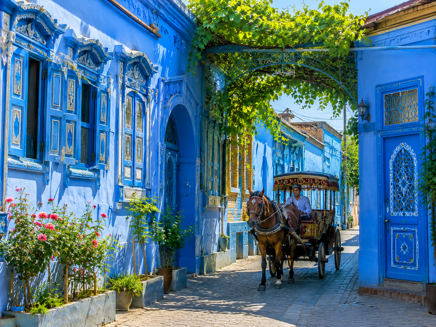 Kazanqi blue alley in Yining with local Xinjiang architecture
