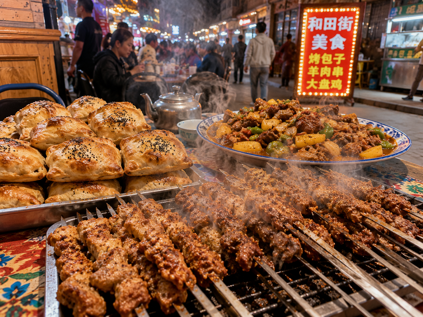 Hetian food street with Xinjiang night market dishes