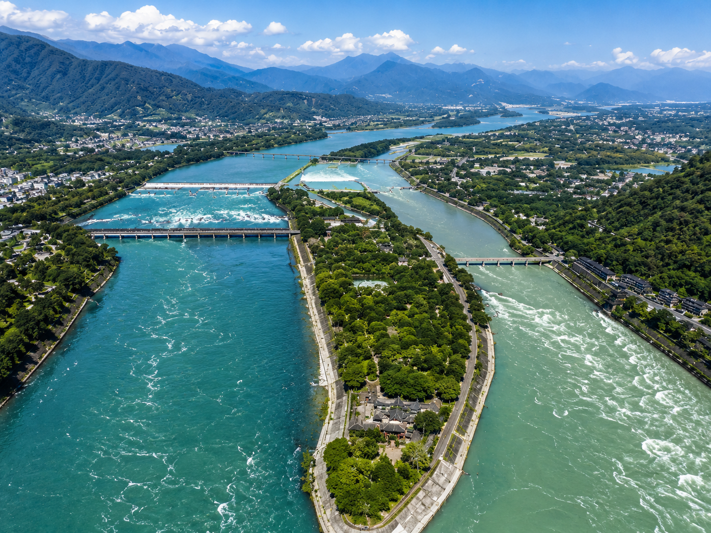 Dujiangyan water system aerial view in Sichuan