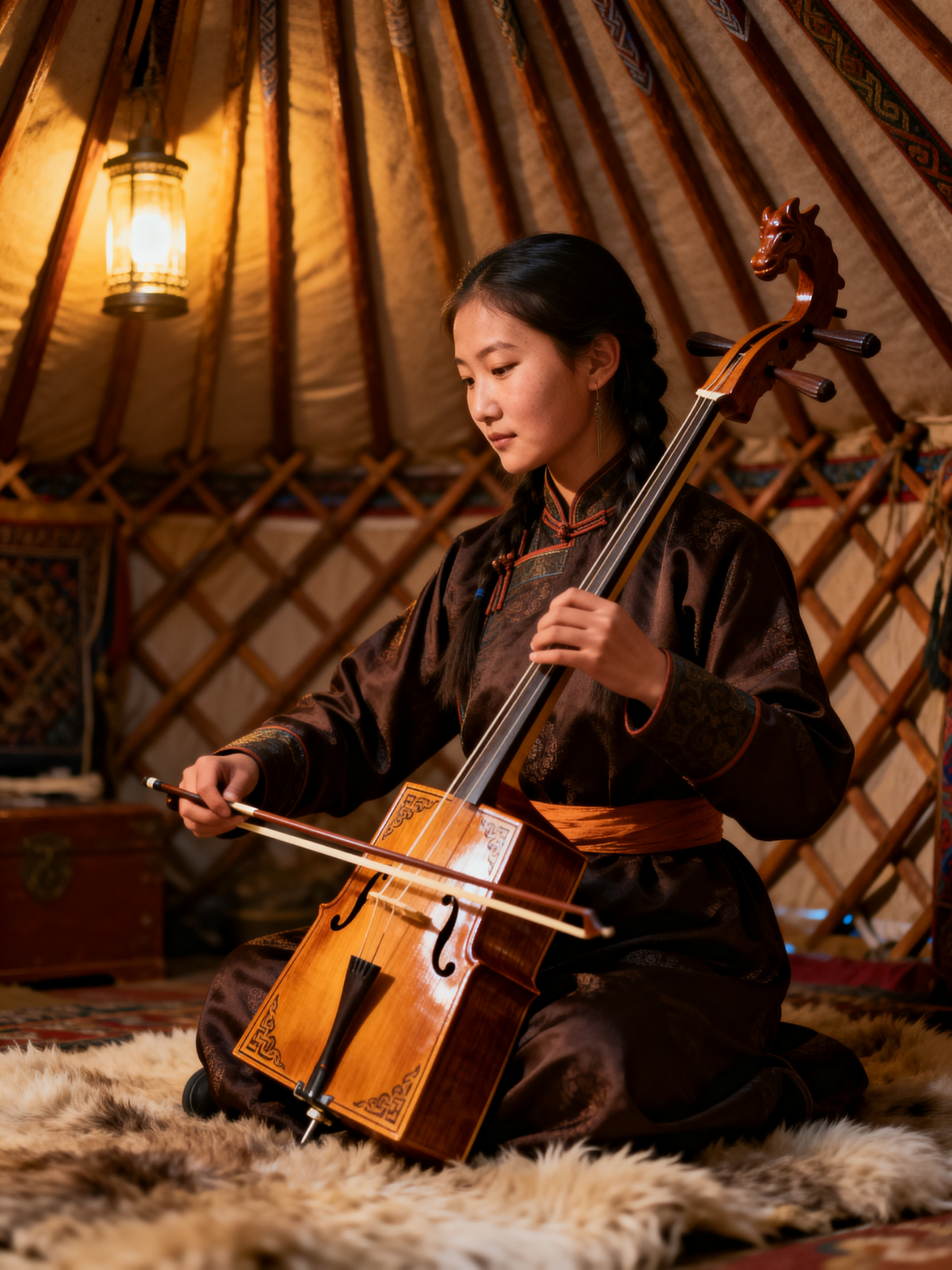 Morin Khuur musician in a grassland-inspired heritage scene